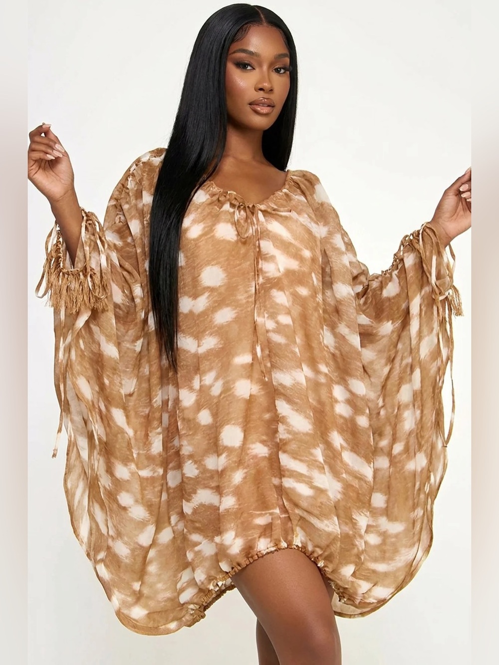 2PCs Deer Print Batwing Dress Set with matching print Body con Dress lining - Picture 7 of 10